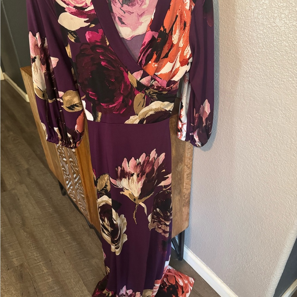 New York & Company Floral Long Sleeve Dress - Purple and Orange